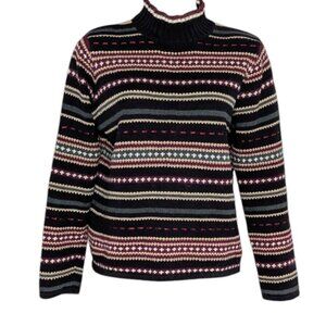 VTG Fuzzy Chunky Knit Ribbed Mock Neck Multi Pattern Black Maroon Stripe Sweater